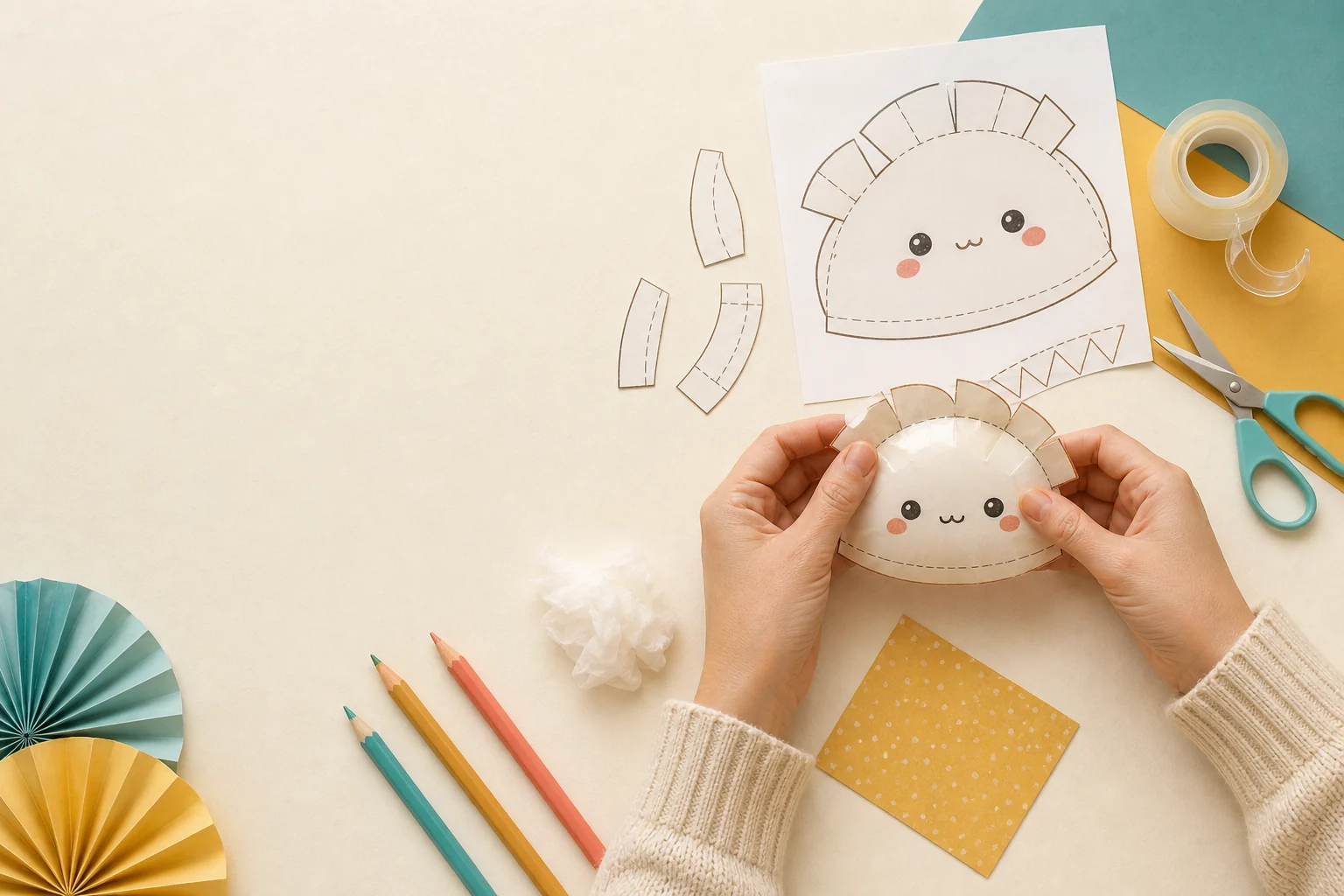 Manos armando un squishy de dumpling de papel sobre una mesa de manualidades
